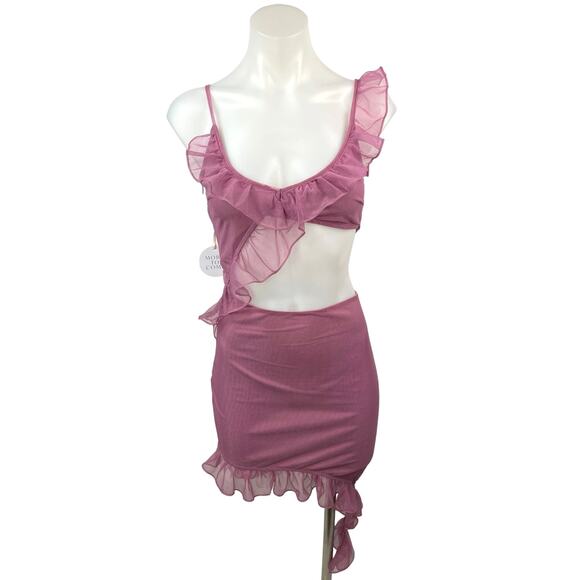 NEW Revolve x More to Come Pink Mesh Ruffle Cutout Payton Mini Dress Size S - Picture 4 of 9
